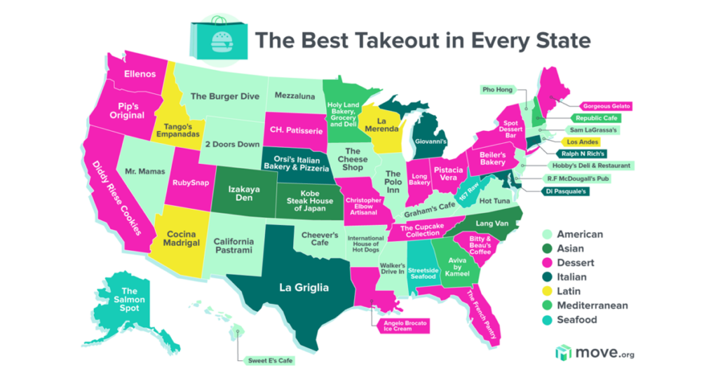 U.S. map listing takeout places in each state