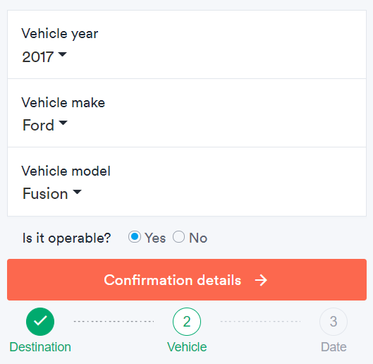 A screenshot of an online car shipping quote that requests info on your car's year, make, and model